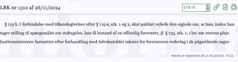 Screenshot af § 119 b. fra retsinformation.dk